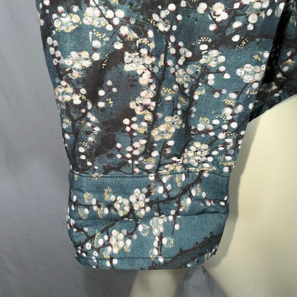 Peruvian Connection Silk Cotton Voile Button Down Shirt L Blue Floral Branch Pri - Picture 6 of 13